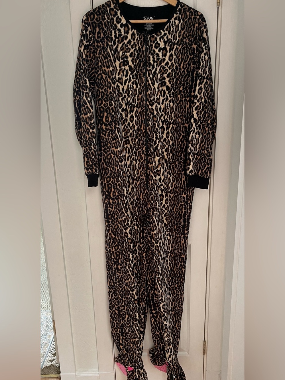 Nick & Nora Leopard Print Footed Pajama Jumpsuit - Brown & Black
